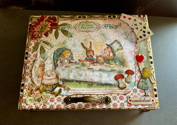Alice in Wonderland Decorated Cigar Box–Mad Hatter Tea Party Gift Box, Upcycled Keepsake, Handmade Decorative Display, Alice Decorative Box