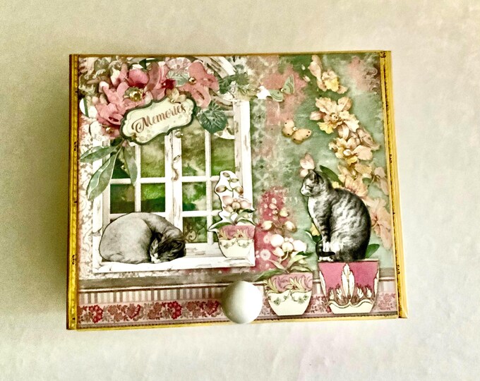 Handmade Cats & Orchids Keepsake Box – Vintage Garden Decor with Tabby Cats, Floral Art and Paw Prints
