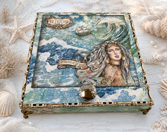 Mermaid Keepsake Box, Large Ocean Treasure Box, Nautical Jewelry Box, Coastal Decor, Stamperia Songs of the Sea, Free Shipping in US