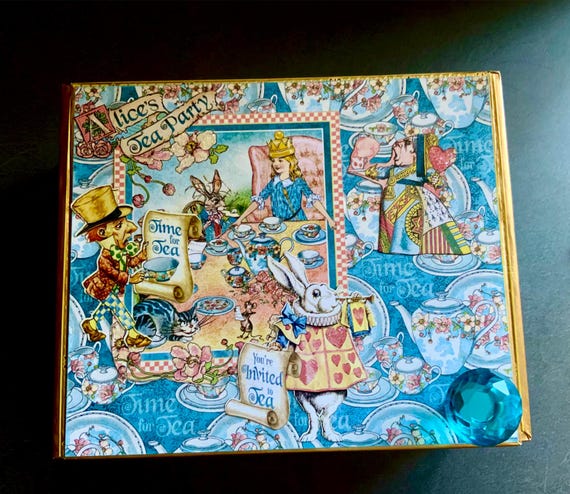 Alice in Wonderland Decorated Cigar Box – Handmade Tea Party Jewelry Box–Upcycled Whimsical Keepsake Gift, Altered Cigar Box, Alice Tea Box