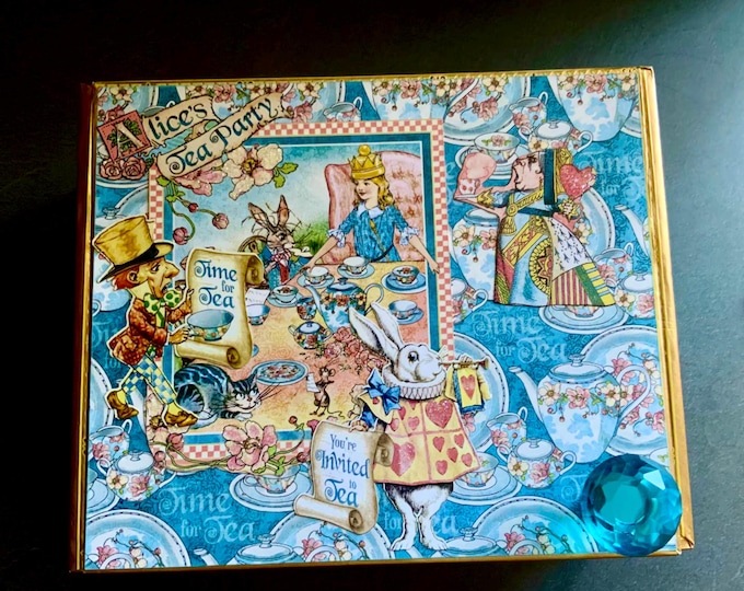 Alice in Wonderland Decorated Cigar Box – Handmade Tea Party Jewelry Box–Upcycled Whimsical Keepsake Gift, Altered Cigar Box, Alice Tea Box
