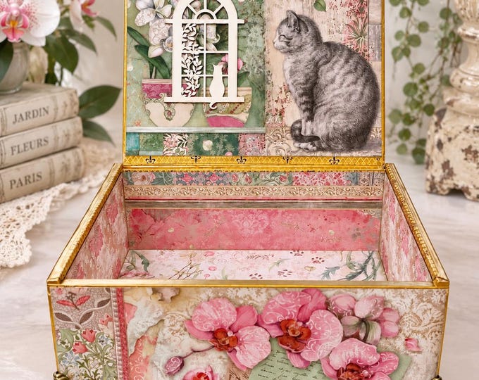 Handmade Cats & Orchids Keepsake Box – Vintage Garden Decor with Tabby Cats, Floral Art and Paw Prints - Free Shipping