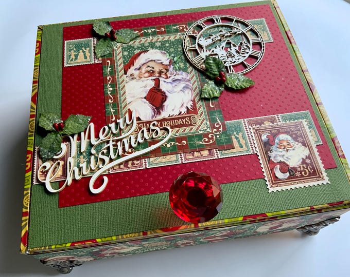 Santa Christmas Decorated Cigar Box – “Merry Christmas” Holiday Keepsake, Holly Accents, Vintage Decor - Free Shipping