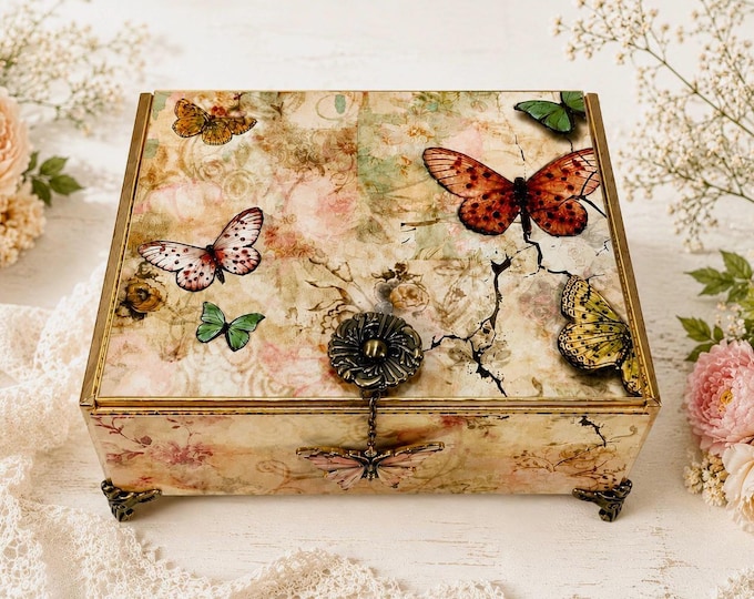 Butterfly Decorated Cigar Box - Romantic Decor - Jewelry Box - Garden Keepsake - Free Shipping