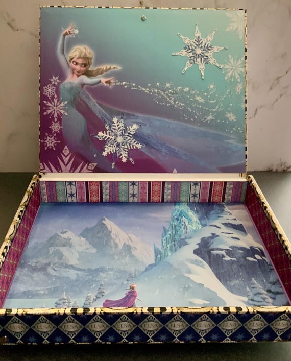 Elsa Winter Princess Keepsake Box – Handmade Decorated Cigar Box with Snowflakes, Crystal Knob & Silver Feet – Gift for Girls or Frozen Fan