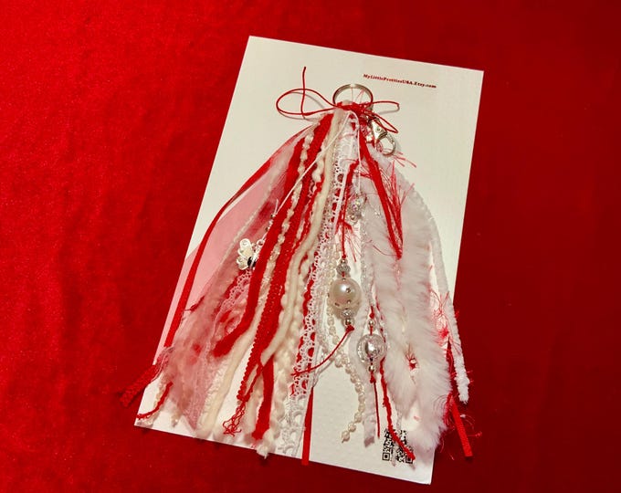 Red & Ivory Mixed Fiber Tassel – Romantic Purse Charm, Bag Zipper Pull, Handmade Valentine’s Gift – Ships Free in the U.S.