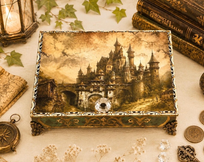 Fantasy Dragon Decorated Cigar Box, Medieval Castle Keepsake, Mystical Dragon Decor, Gothic Gift