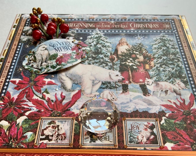 Christmas Decorated Cigar Box with Santa, Polar Bears, Poinsettias, Vintage Holiday Keepsake, Upcycled Storage, Handmade Holiday Gift Box