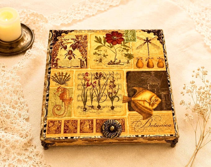 Coastal Botanical Keepsake, Seahorse Fish Jewelry Memory Box, Handmade Decorated Cigar Box