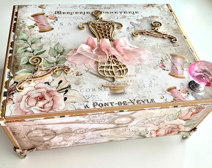 Sewing Theme Jewelry Box: French Dress Form Decor, Decorated Cigar Box, Millenary Keepsake - Free Shipping
