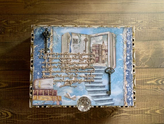 Vintage Library Decorated Cigar Box, Gift for Reader, Repurposed Cigar Box, Embellished Box, Decorative Storage Box, Mixed Media Altered Box
