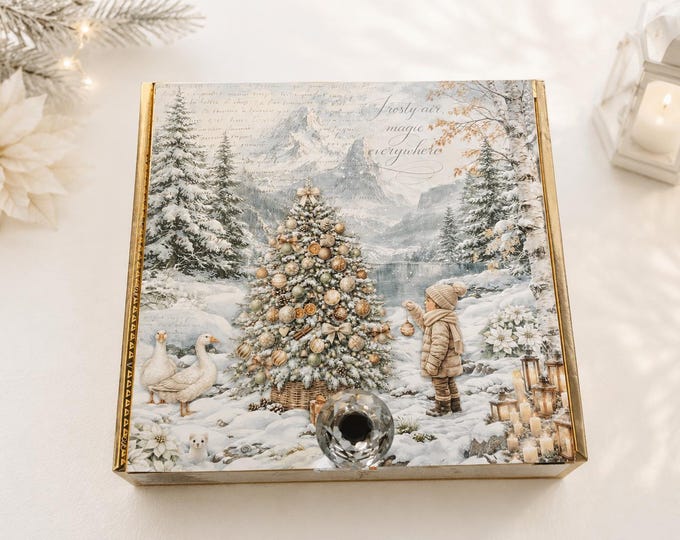 White Christmas Keepsake Box, Vintage Winter Scene Memory Box, Customizable Lid