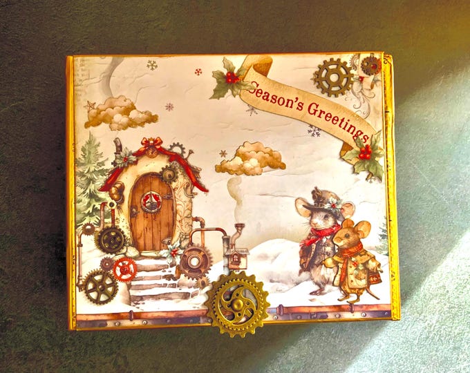 Steampunk Christmas Decorated Cigar Box – Santa, Advent Calendar, & Gears  – Christmas Decor