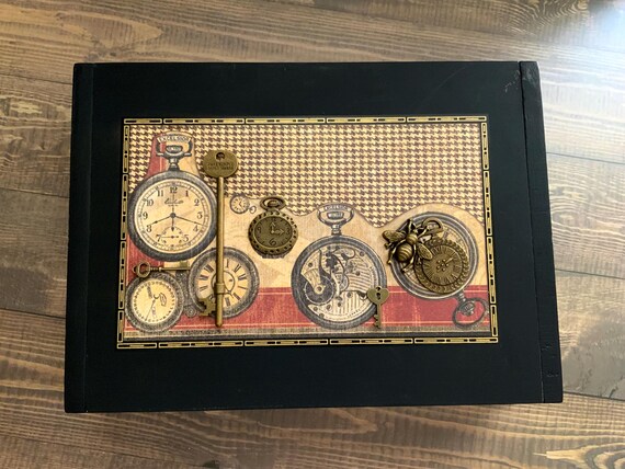 Steampunk Timepiece Decorated Cigar Box – Handmade Jewelry Storage, Vintage Watch Art, Unique Keepsake Box, Aesthetically Altered Cigar Box