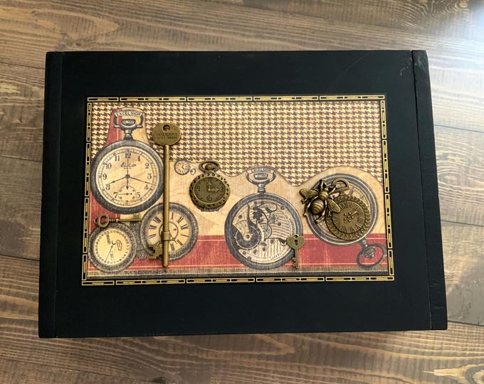 Steampunk Timepiece Decorated Cigar Box – Handmade Jewelry Storage, Vintage Watch Art, Unique Keepsake Box