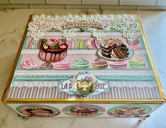 Upcycled Patisserie Cigar Box, French Bakery Decor, Life is Sweet Gift Box, Macaron Cupcake Jewelry Storage, Shabby Chic Box, Altered Box