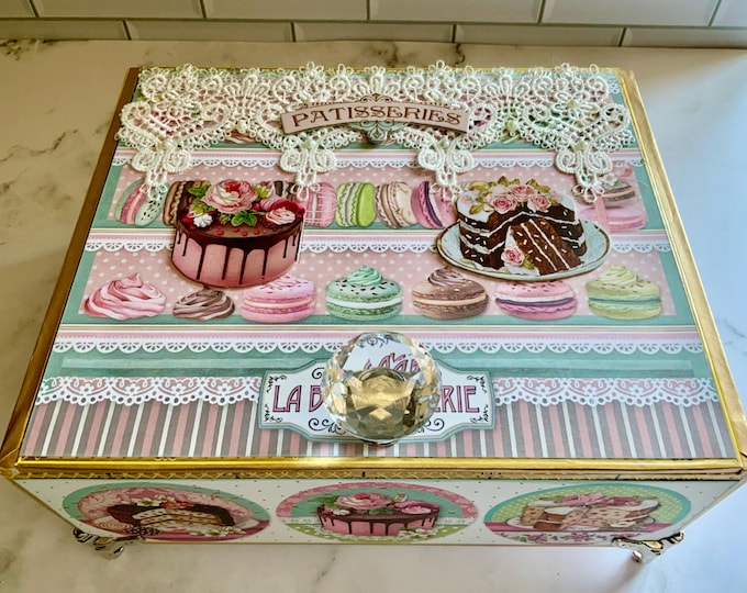 Upcycled Patisserie Cigar Box, French Bakery Decor, Life is Sweet Gift Box, Macaron Cupcake Jewelry Storage, Shabby Chic Box