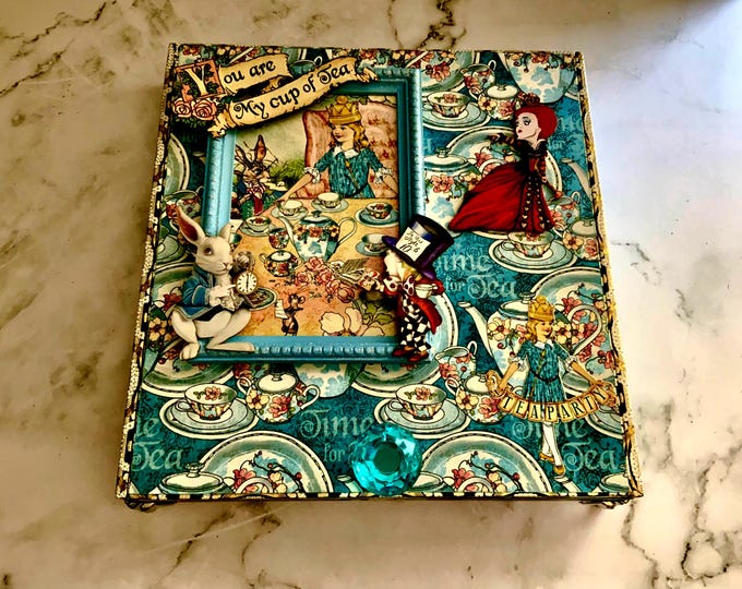 Lg Alice in Wonderland Decorated Cigar Box – Handmade Tea Party Jewelry Box – Upcycled Whimsical Keepsake Gift, Alice Tea Party Altered Box