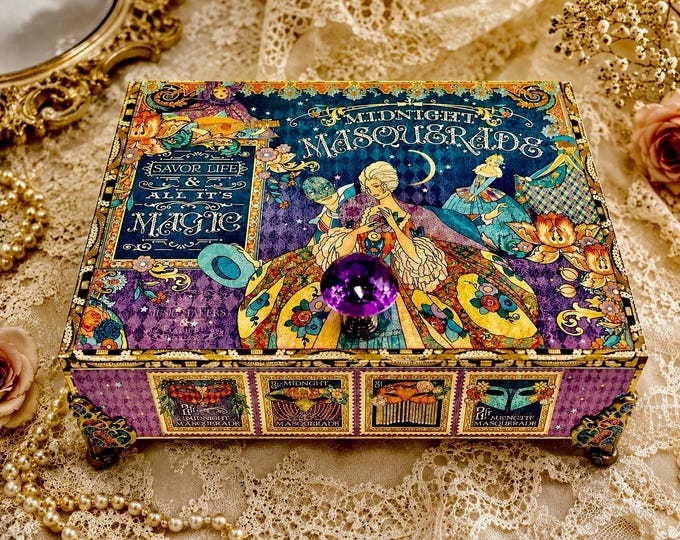 Midnight Masquerade Decorated Cigar Box – Whimsical Keepsake Storage – Handmade Jewelry Box - Free Shipping