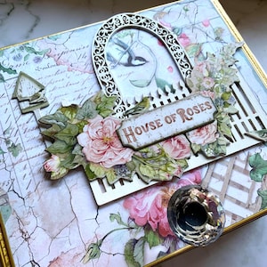 House of Roses Decorated Cigar Box – Romantic Garden Theme with Crystal Knob – Floral Keepsake