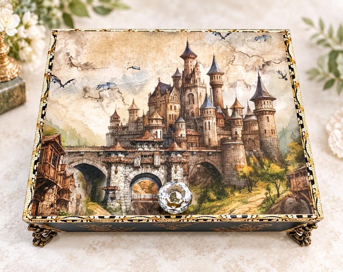 Fantasy Dragon Decorated Cigar Box, Medieval Castle Keepsake, Mystical Dragon Decor, Gothic Gift