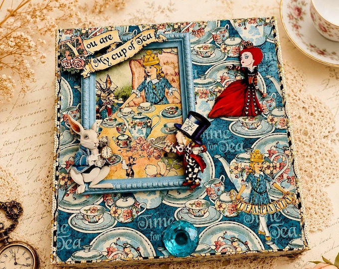 Large Alice in Wonderland Decorated Cigar Box – Blue Tea Party Memory Box – Handcrafted Storybook Keepsake – Ships Free in the U.S.