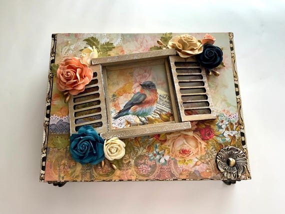 Bird in the Window Decorated Box, Keepsake Storage Box, Repurposed Cigar Box,  Upcycled Cigar Box, Altered Wooden Cigar Box, Embellished Box