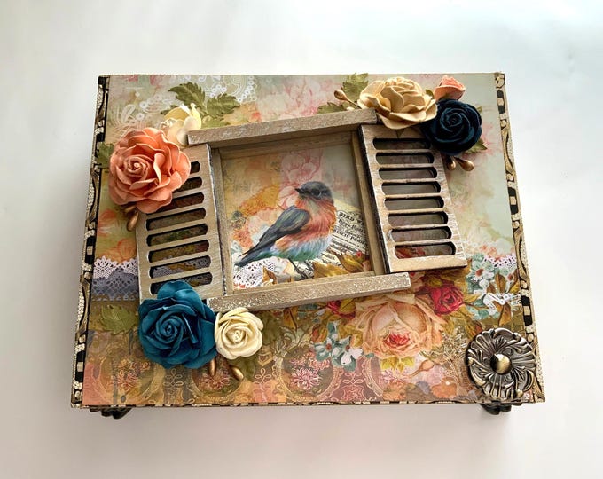 Bird in the Window Decorated Box, Keepsake Storage Box, Repurposed Cigar Box,  Upcycled Cigar Box, Altered Wooden Cigar Box, Embellished Box