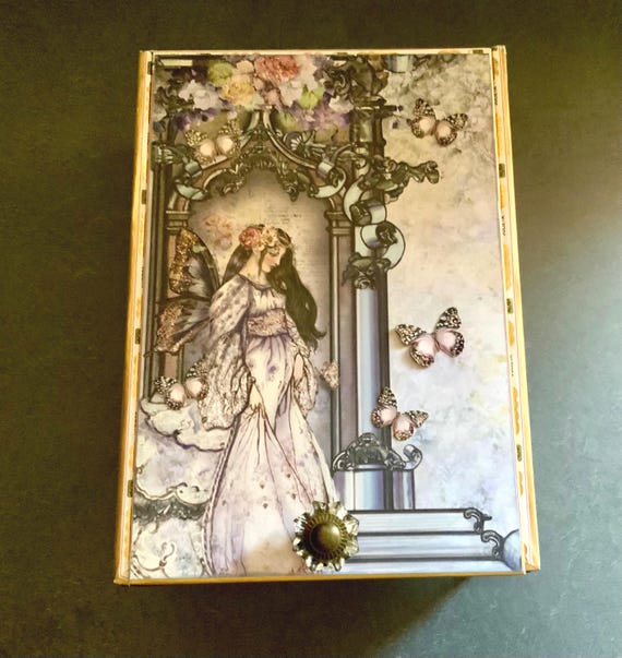 Gothic Fairy Decorated Cigar Box, Butterfly Princess Jewelry Box, Gothic and Fantasy Display Box, Repurposed Cigar Box, Upcycled Cigar Box