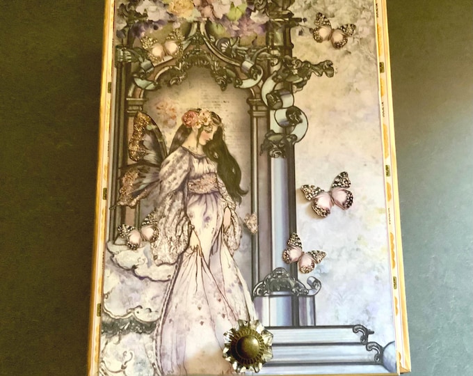 Fairy Castle Decorated Cigar Box – Enchanted Altered Keepsake Box with Butterflies & Floral Interior – Whimsical Jewelry Storage