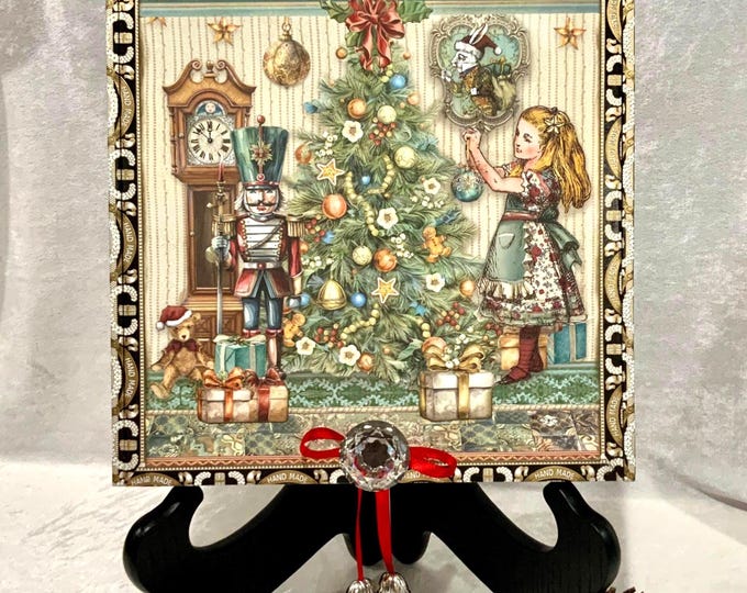 Alice Christmas Keepsake Box – Alice in Wonderland Holiday Scene – Glass Knob – Whimsical Decorated Cigar Box – Free U.S. Shipping