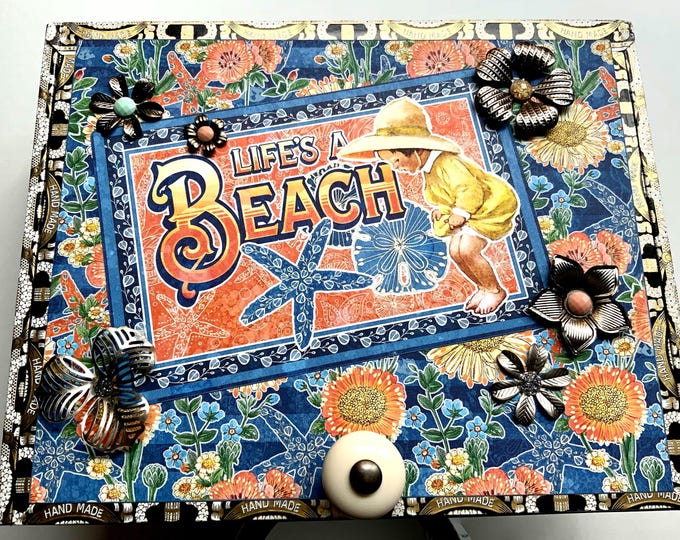 Life’s a Beach Decorated Cigar Box – Coastal Memory Box with Vintage Nautical Kids, Flowers & Metal Accents – Handmade Gift - Beach Decor