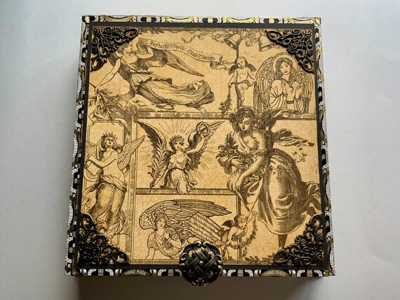 Vintage Angel Christmas Decorated Cigar Box–Holiday Keepsake Box with Antique Gold, Clock & Butterflies–Upcycled Handmade Gift, Altered Box