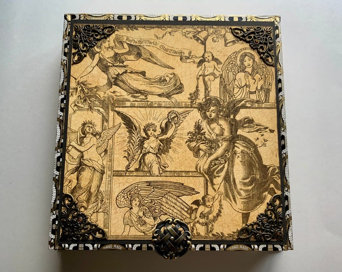 Vintage Angel Christmas Decorated Cigar Box–Holiday Keepsake Box with Antique Gold, Clock & Butterflies–Upcycled Handmade Gift