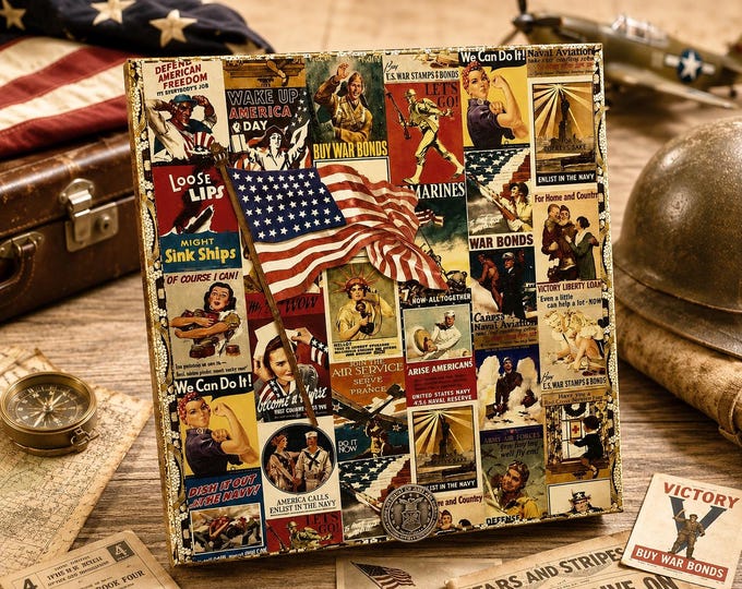 Patriotic Military Decorated Cigar Box, WWII Poster Art, Upcycled Keepsake Box - Free Shipping