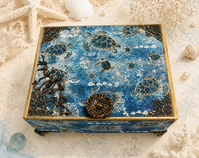 Sun Kissed Beach Box – Decorated Cigar Box with Sea Turtles  – Coastal Keepsake - Beach Decor - Free Shipping