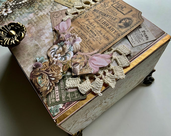 Vintage Sewing Decorated Cigar Box with Lace & Brass Knob – Shabby Chic Keepsake Box, Victorian Handmade Jewelry Box, Upcycled Gift