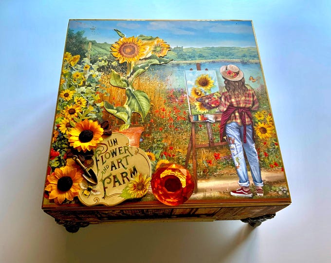 Sunflower Art Farm Decorated Cigar Box – Rustic Upcycled Box, 3D Florals, Cottagecore Storage, Garden Gift