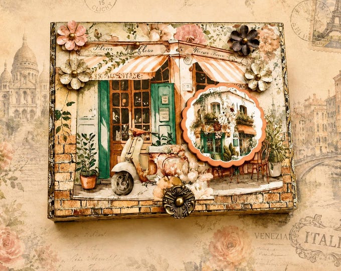 Paris Cafe Decorated Cigar Box – Shabby Chic Floral Keepsake Box, Jewelry Storage - Free Shipping