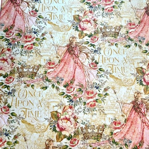 May include: Decorative paper with a fairytale theme. The design features illustrations of a princess in a pink gown, roses, crowns, and castles. The words "Once Upon a Time" are also visible.