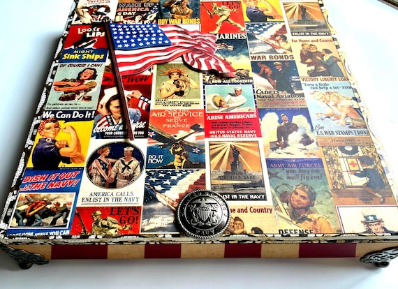 Patriotic Military Decorated Cigar Box, WWII Poster Art, Upcycled Keepsake Box, American Flag Army Navy Gift, Vintage-Style Storage