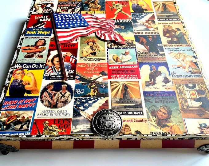Patriotic Military Decorated Cigar Box, WWII Poster Art, Upcycled Keepsake Box, American Flag Army Navy Gift, Vintage-Style Storage