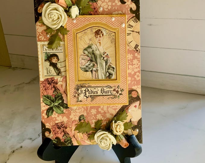 Elegant Lady Art Card with Easel – Custom 4x6” Displayable Gift on Wood – Feminine Decor with Florals, Pearls & Timeless Charm