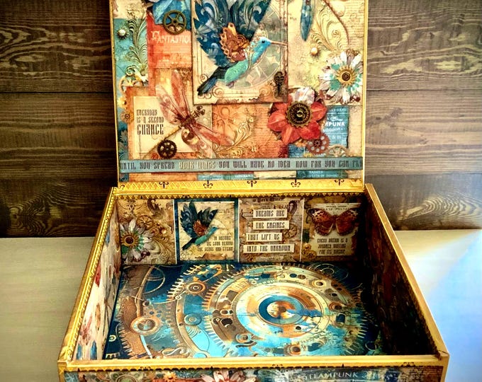 Steampunk Decorated Cigar Box – Keepsake Storage Box with Hot Air Balloon, Gears & Floral Art – Steampunk Jewelry - Ships Free in US