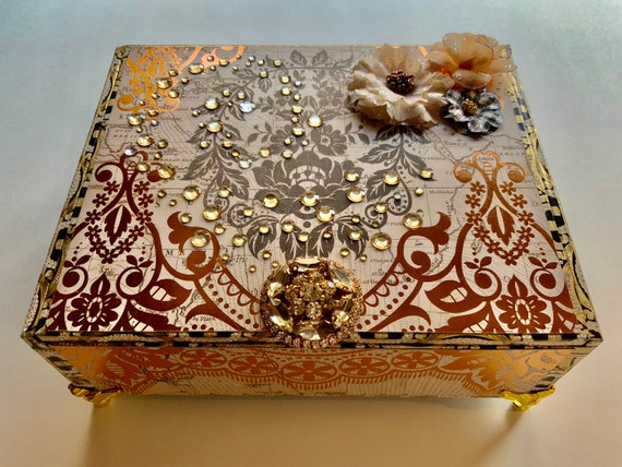 Luxury Decorated Cigar Box with Rhinestones & Gold Feet – Jeweled Damask Keepsake Box, Handmade Gift for Her, Jewelry Box, Repurposed Box