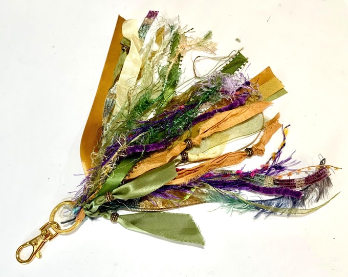 Enchanted Woodland Mixed Fiber Tassel – Boho Purse Charm, Keychain Accent, Gold Clasp