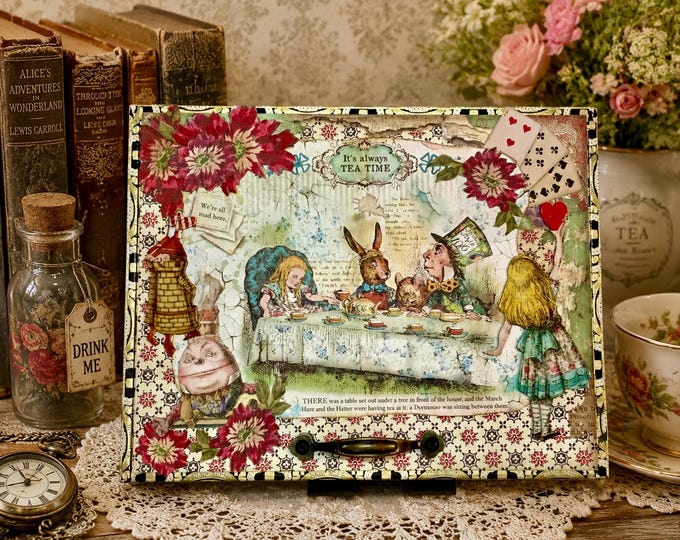 Lg Alice in Wonderland Tea Party Keepsake Box, Lg Handcrafted Memory Jewelry Storage (10x8x2) Free Shipping in US