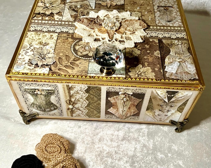Victorian Decorated Cigar Box – Lace & Pearl Jewelry Box, Vintage-Inspired Memory Keepsake, Shabby Chic - Free Shipping