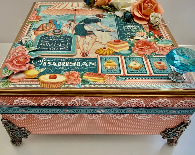 Café Parisian Decorated Cigar Box – Graphic 45 | French Patisserie Keepsake Box | Macaron & Rose Design | Gift for Her | Free Shipping USA