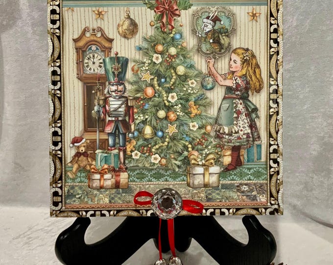 Alice Custom Christmas Keepsake Box – Alice in Wonderland Holiday Scene – Glass Knob – Whimsical Decorated Cigar Box – Free U.S. Shipping